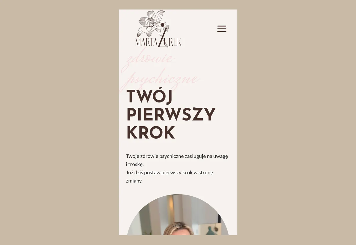 Mobilna wersja strony dr.martazurek.pl z nagłówkiem „Twój pierwszy krok"