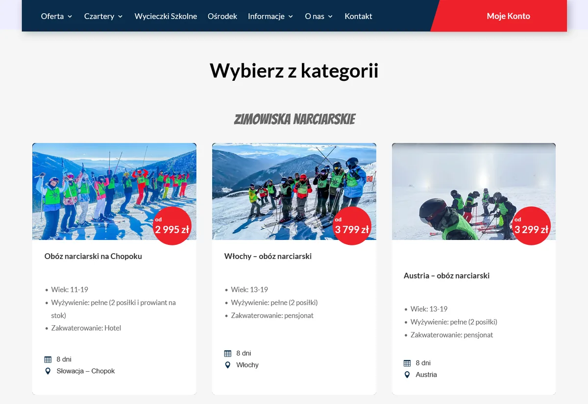 Strona roza.pl z kategoriami zimowisk narciarskich: Chopok, Włochy, Austria